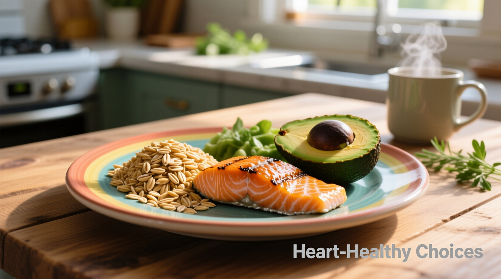 Cholesterin-senkende Lebensmittel wie Hafer, Lachs und Avocado auf Teller