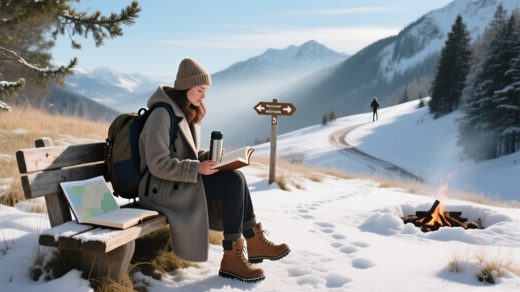 A solo female traveler sitting near snow-covered mountains