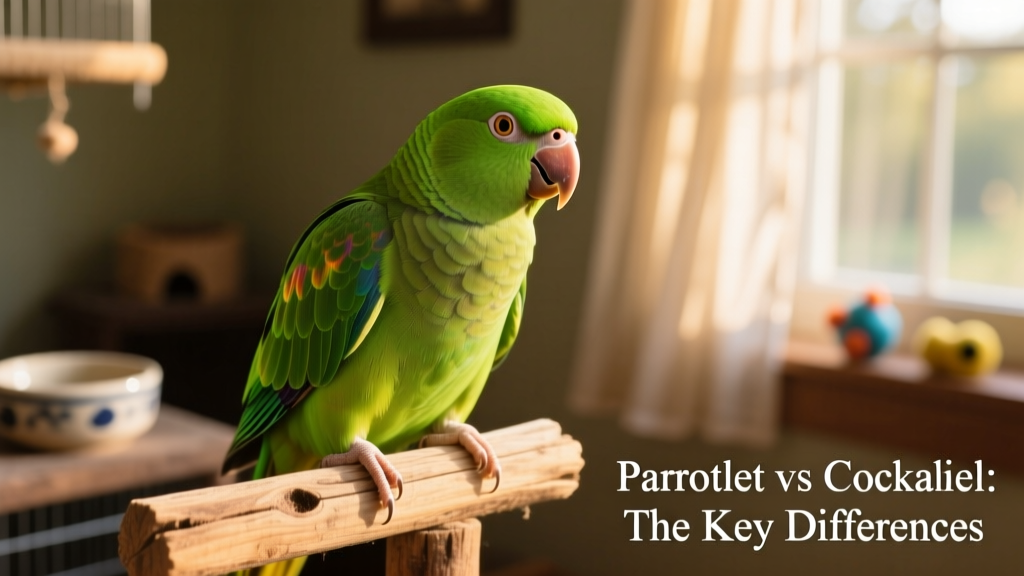 Close-up portrait of a bright green parrotlet perched confidently on a natural wood perch