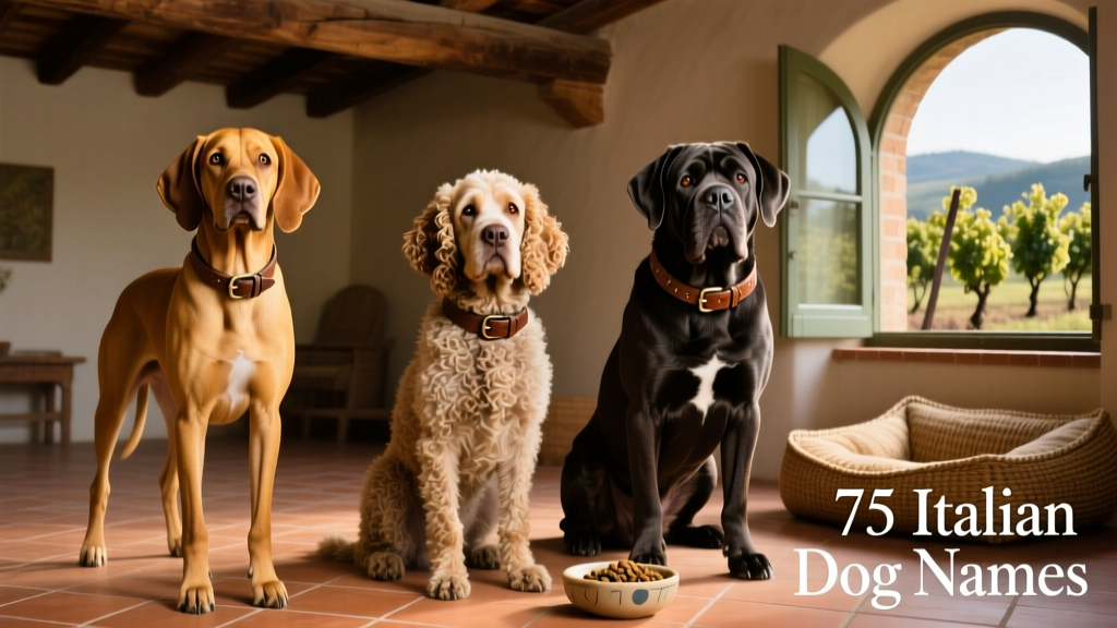 Side-by-side portraits of popular Italian dog breeds: Bracco Italiano, Lagotto Romagnolo, and Cane Corso