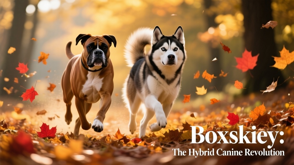 Two Boxskies running side-by-side through autumn leaves