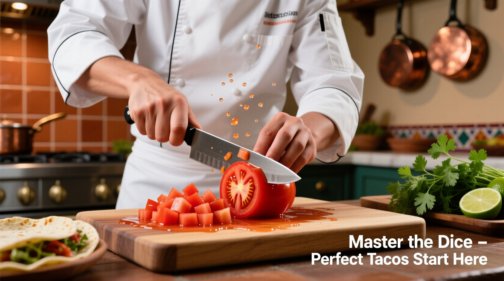 Chef demonstrating proper tomato dicing technique for tacos