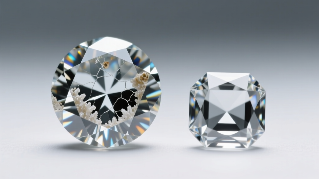 Macro photo comparing a natural diamond inclusion next to a flawless cubic zirconia stone under a 10x jeweler