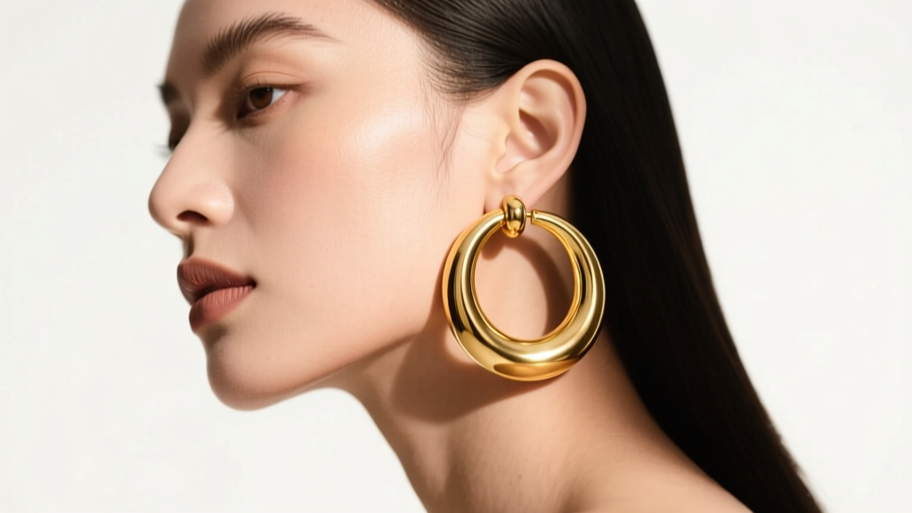 Model wearing 18k gold open circle earrings, featuring a large 50mm front hoop and a small 15mm huggie, soft studio lighting