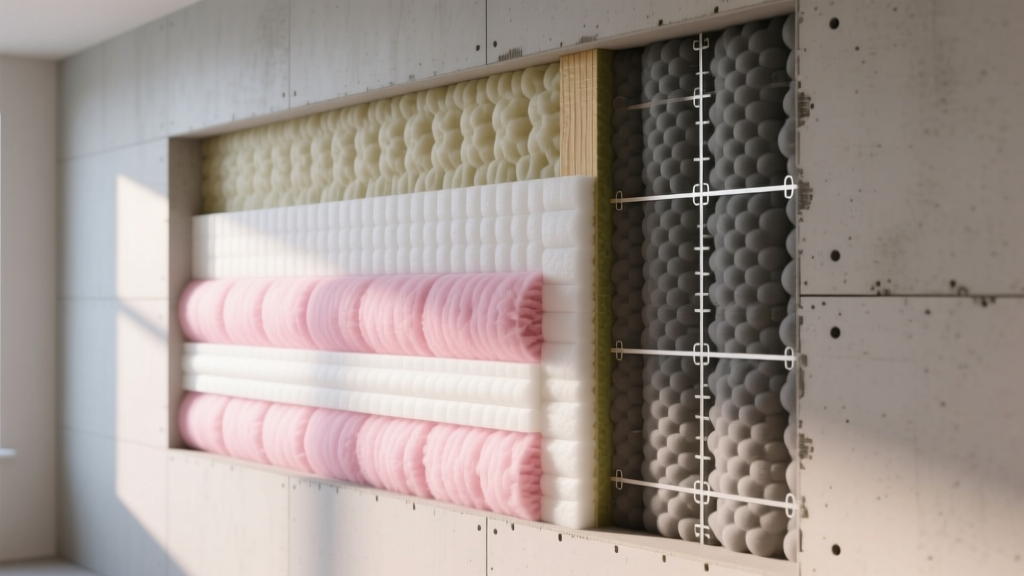 Framed wall cross-section revealing pink fiberglass batts, rigid polyiso foam boards, and closed-cell spray foam layers