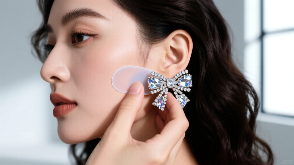 Woman applying clear silicone earring support patch to her earlobe before attaching heavy crystal-encrusted statement bow earring.