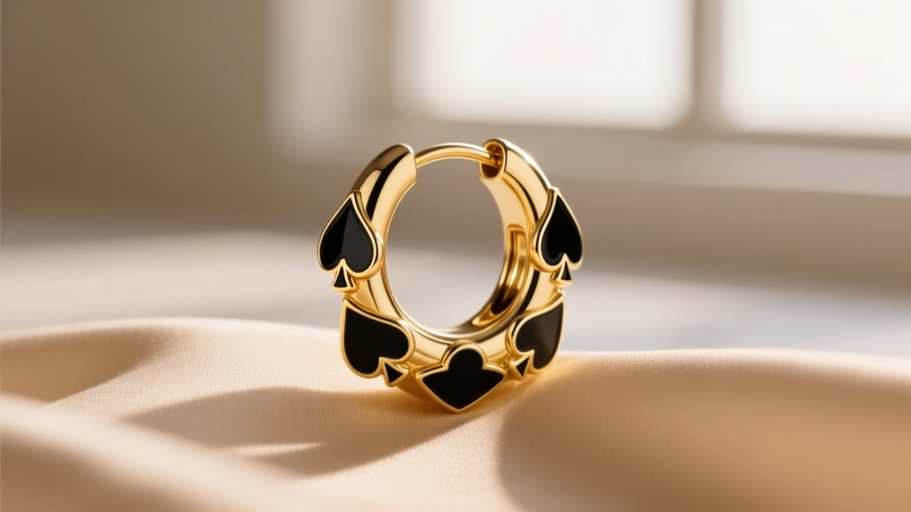 Macro shot of a gold-plated Kate Spade huggie earring with black enamel spade charms resting on beige silk in soft natural lighting