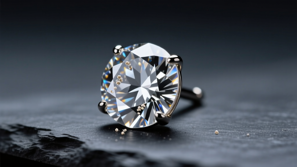 Macro photo of a diamond stud earring on dark slate under soft LED light, revealing microscopic dust on the pavilion facets.