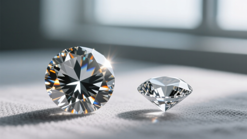 Macro view of a brilliant diamond next to a glass paste simulant, showing differences in light refraction and facet edge wear.