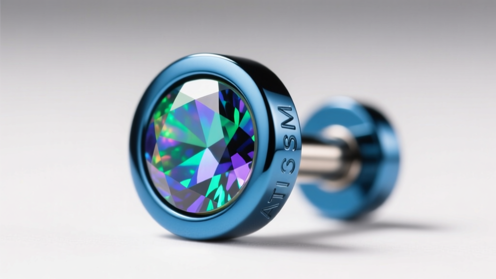 Macro photography of an anodized blue ASTM F136 titanium threadless labret stud with a polished bezel-set synthetic opal gemstone