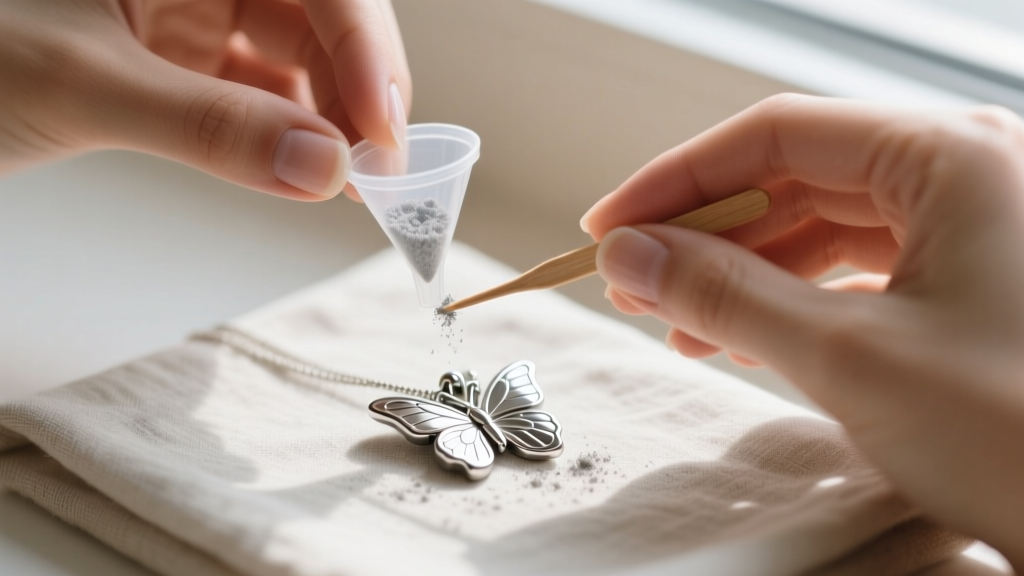 Hands using a small plastic funnel and toothpick to transfer fine ashes into a stainless steel butterfly cremation pendant.