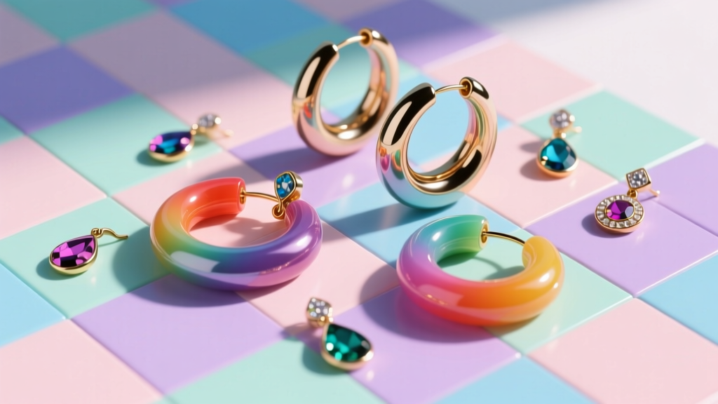 Close-up flat lay of colorful chunky resin hoop earrings and enamel charm drops scattered on a vibrant pastel checkerboard surface.