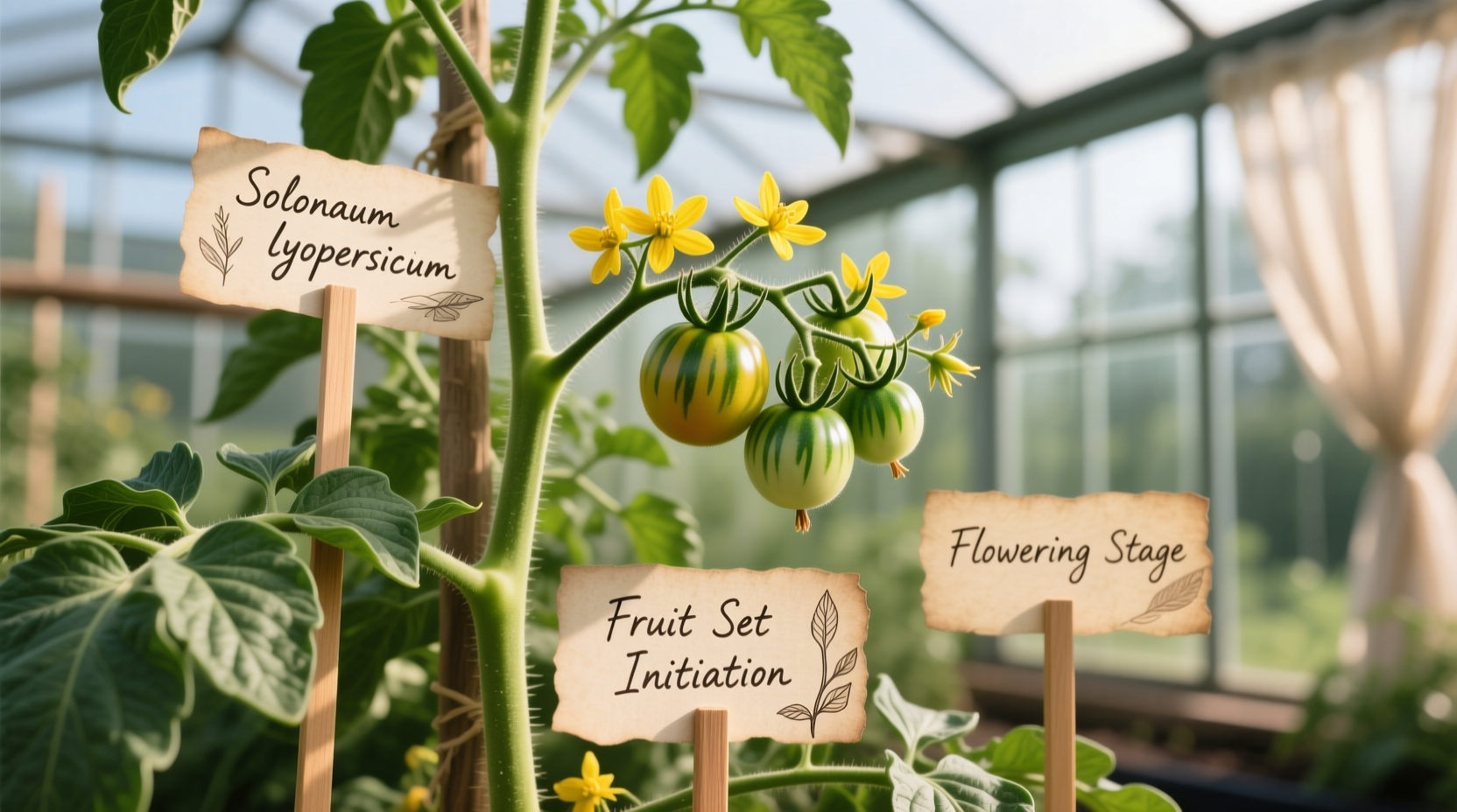 Close-up of tomato plant with botanical labels