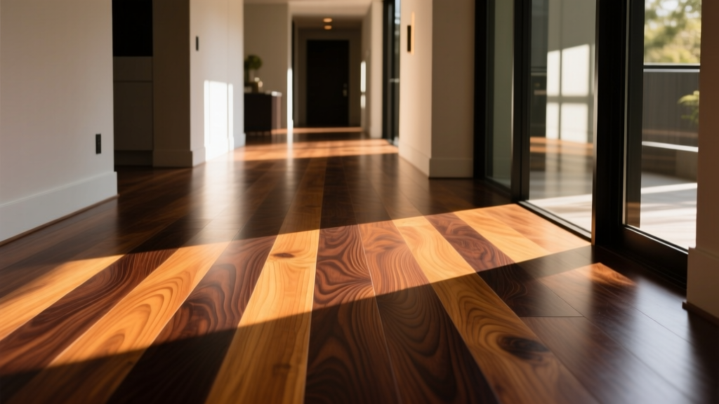Close-up of freshly stained dark espresso Brazilian cherry hardwood floor showing deep wood grain and rich color in a sunlit modern hallway