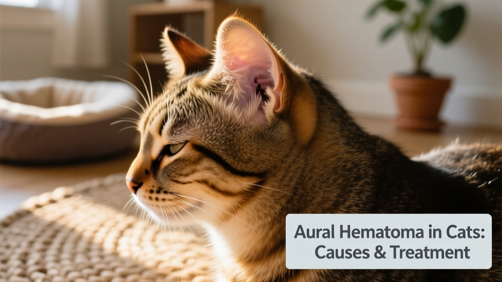 Side view of a cat with a swollen, puffy ear flap indicating an aural hematoma