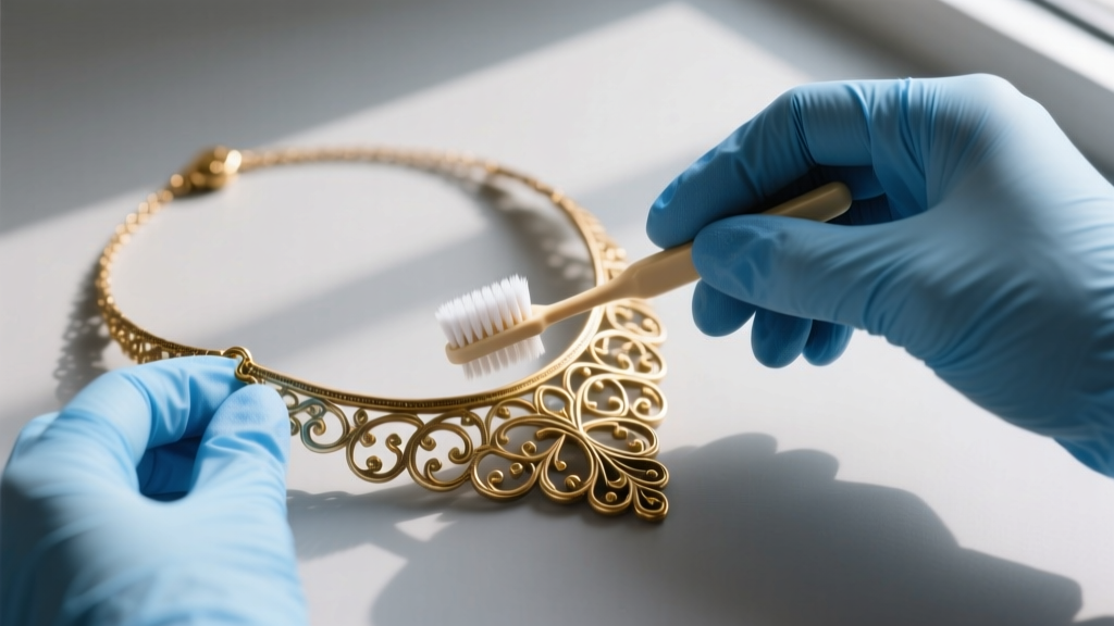 Hands wearing blue nitrile gloves gently brushing a tarnished brass-based fashion necklace with a soft-bristled baby toothbrush.