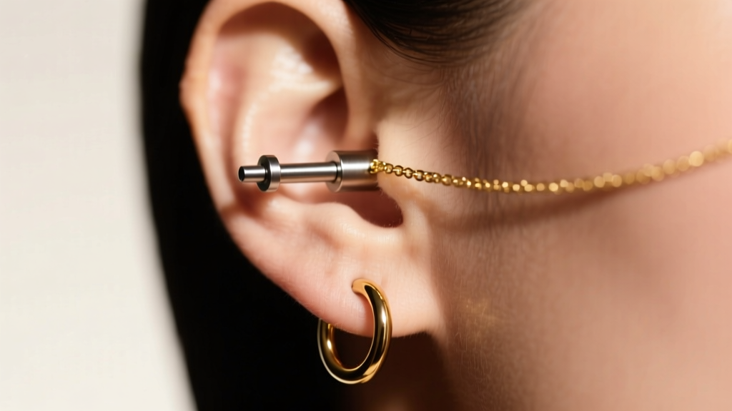 Close-up of a curated ear with flat-back titanium labret, gold huggie hoop, and chain connector, bathed in warm studio lighting.