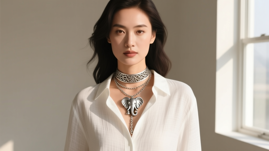 Woman wearing a layered silver elephant necklace with a delicate choker and a longer pendant chain over a crisp white linen shirt