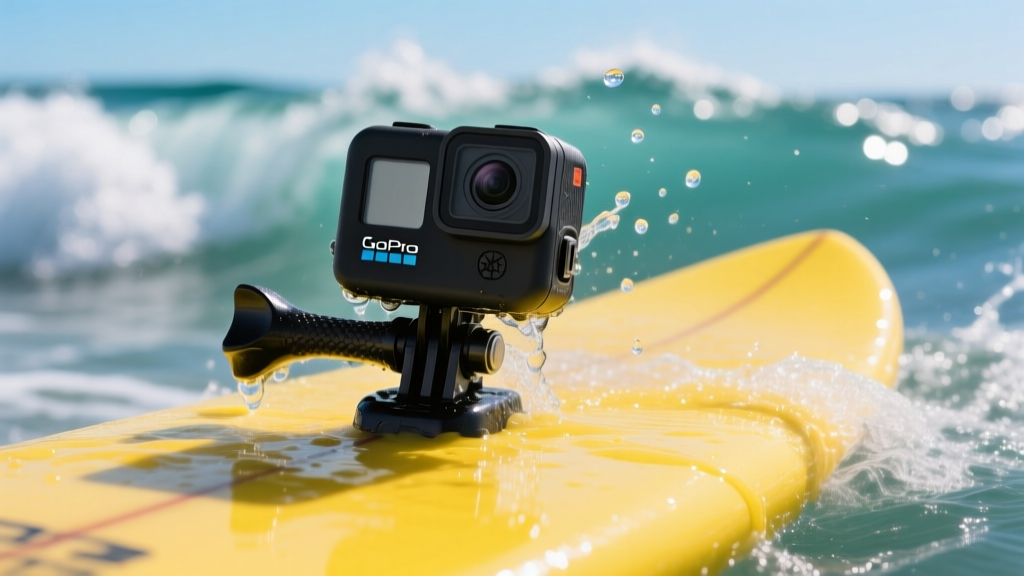 Close up of GoPro HERO13 Black action camera mounted on yellow surfboard catching a wave with water splashing over waterproof lens housing
