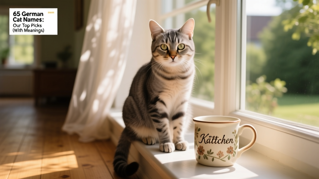 A graceful, medium-haired cat sitting on a sunlit windowsill with a vintage German-style ceramic mug nearby