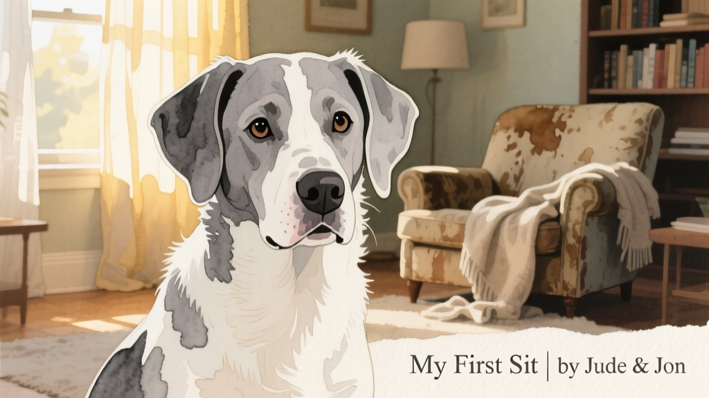 A watercolour painting of a grey and white dog