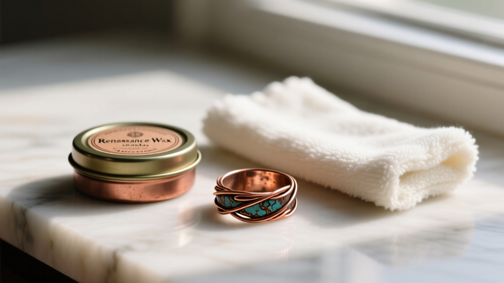 A small tin of Renaissance Wax polish and a soft microfiber cloth resting beside a beautifully oxidized copper wire wrapped ring.