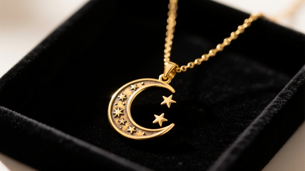 Close-up of a tarnished gold-plated brass Taylor Swift Midnights moon phase pendant necklace resting on dark velvet tray