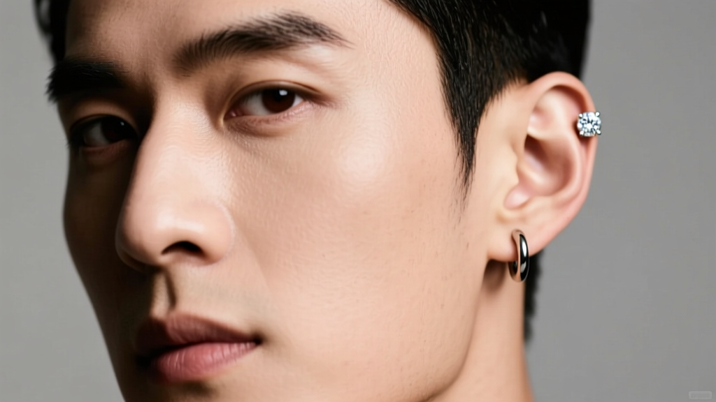 Close-up portrait of a stylish man wearing a 4mm bezel-set diamond stud and a 16-gauge titanium helix hoop, studio lighting