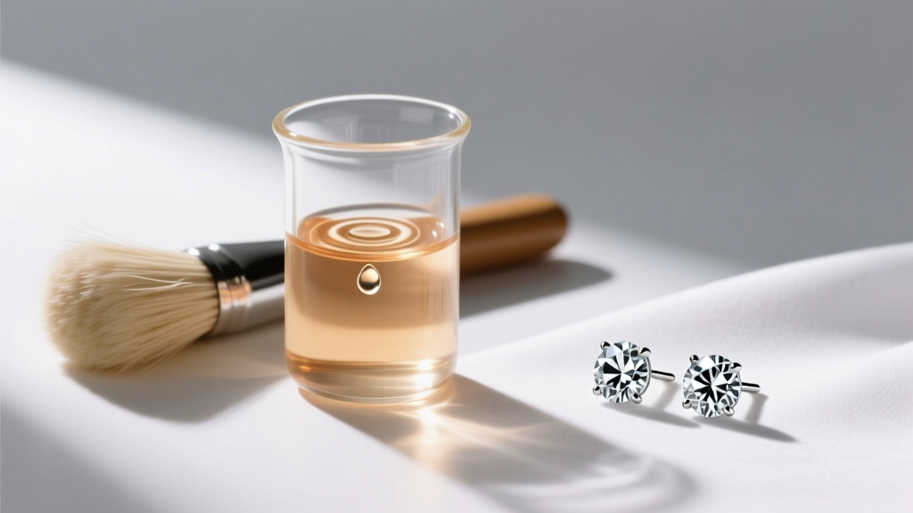 A small glass beaker of warm ammonia-free jewelry cleaning solution next to a soft horsehair brush and a pair of diamond studs