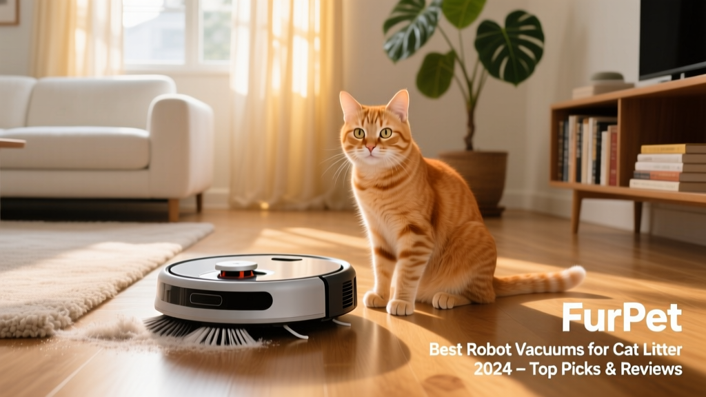 Happy cat sitting beside a FurPetVo robot vacuum mid-clean on a sunlit living room floor