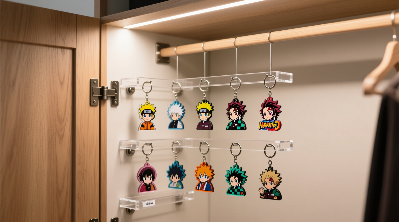 how to organize anime keychains on a closet door