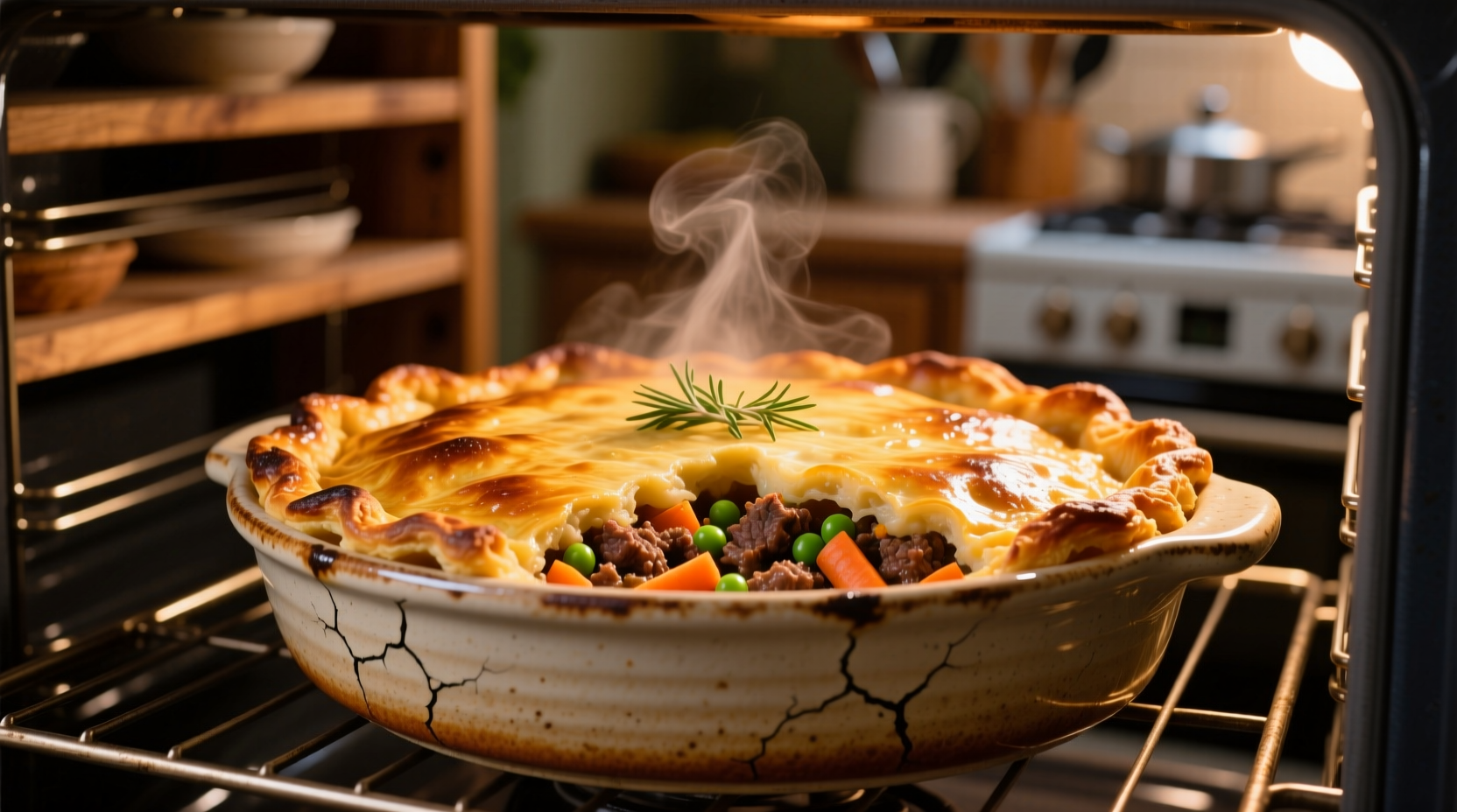 Golden sweet potato shepherd's pie baking in oven dish