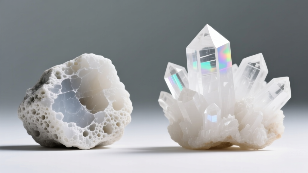 Macro comparison showing chalky texture of dyed howlite next to the crystalline structure of genuine Dry Creek white calcite stone.