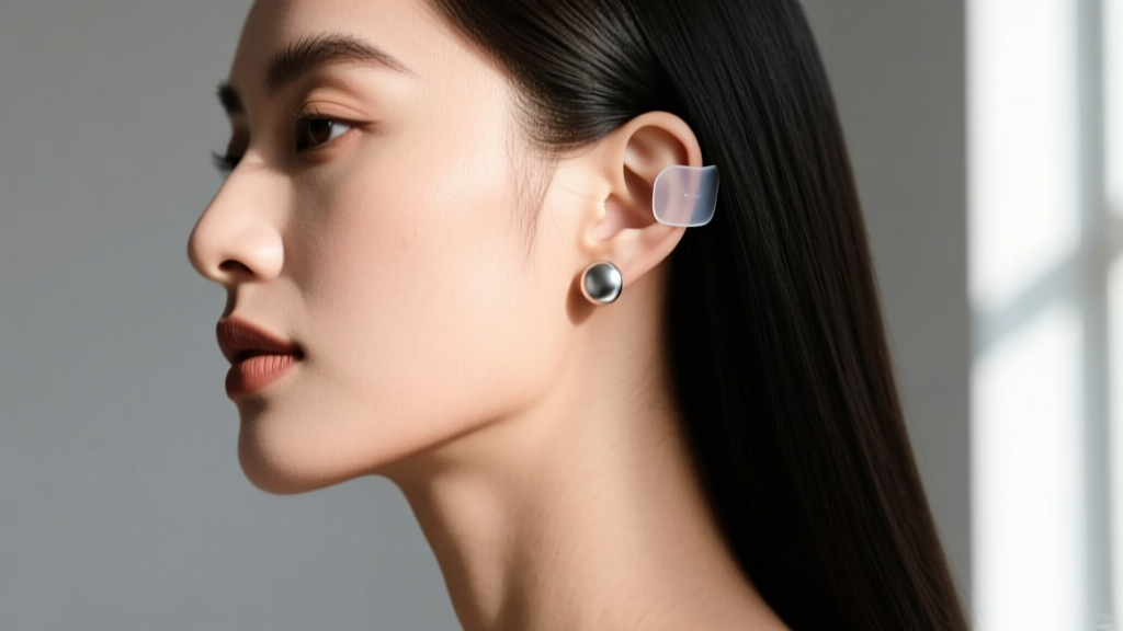 Side profile of a woman wearing a smart stud earring, supported securely by a clear silicone adhesive patch on her lower earlobe.