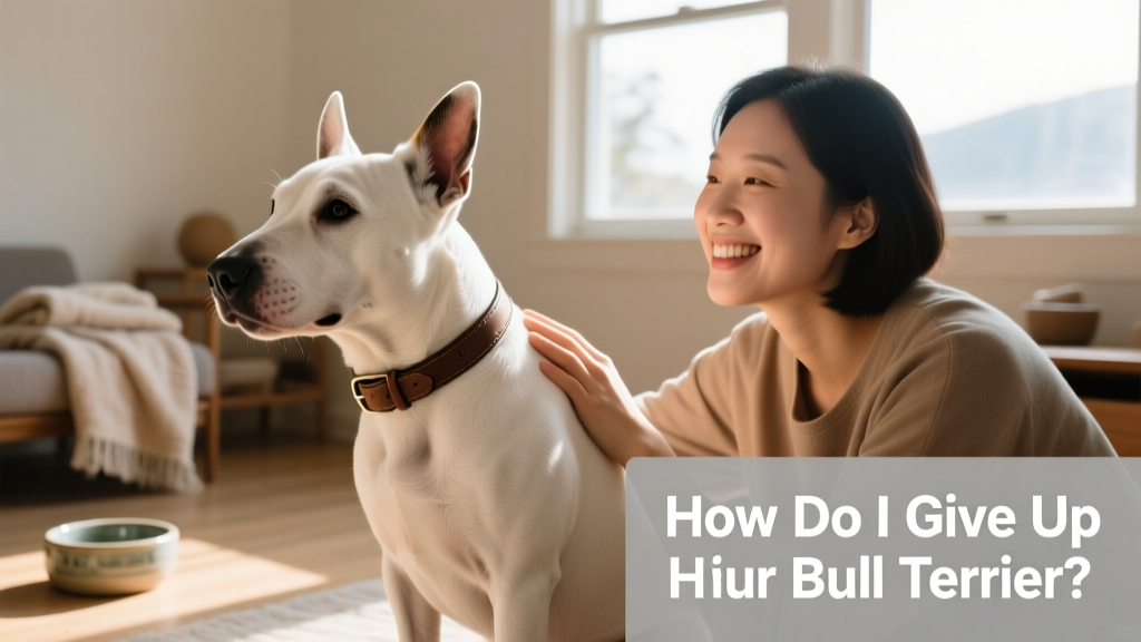 A calm, well-groomed bull terrier sitting beside a person smiling gently