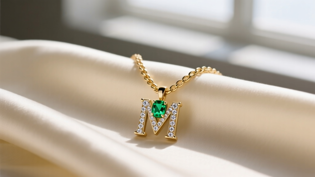 Close-up of a 14k gold chain with a diamond letter M pendant and a natural emerald birthstone resting on cream silk fabric.