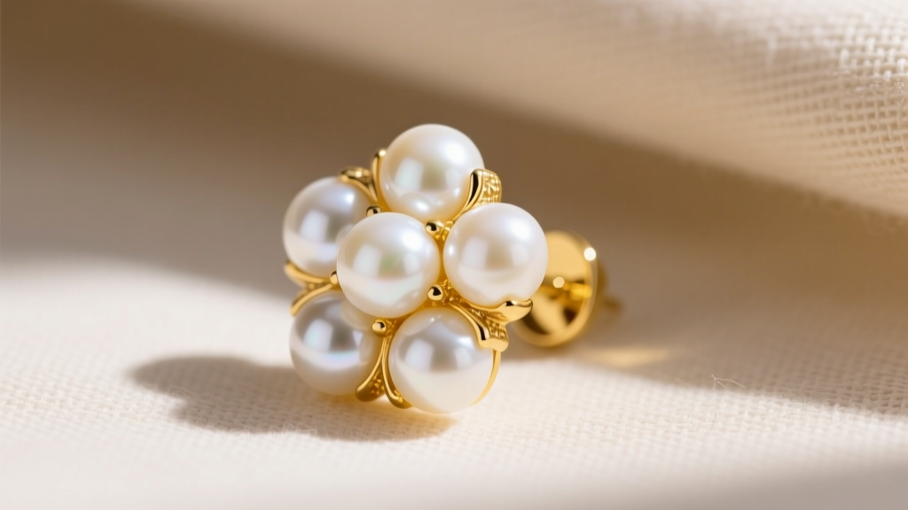 Close-up of a 14k yellow gold pearl cluster stud earring featuring five luminous white freshwater pearls on soft beige linen.