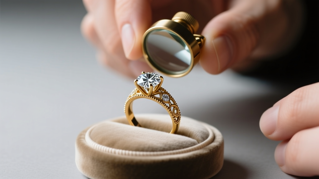 Jeweler inspecting the prongs of a vintage Edwardian diamond engagement ring using a 10x triplet loupe under bright light.