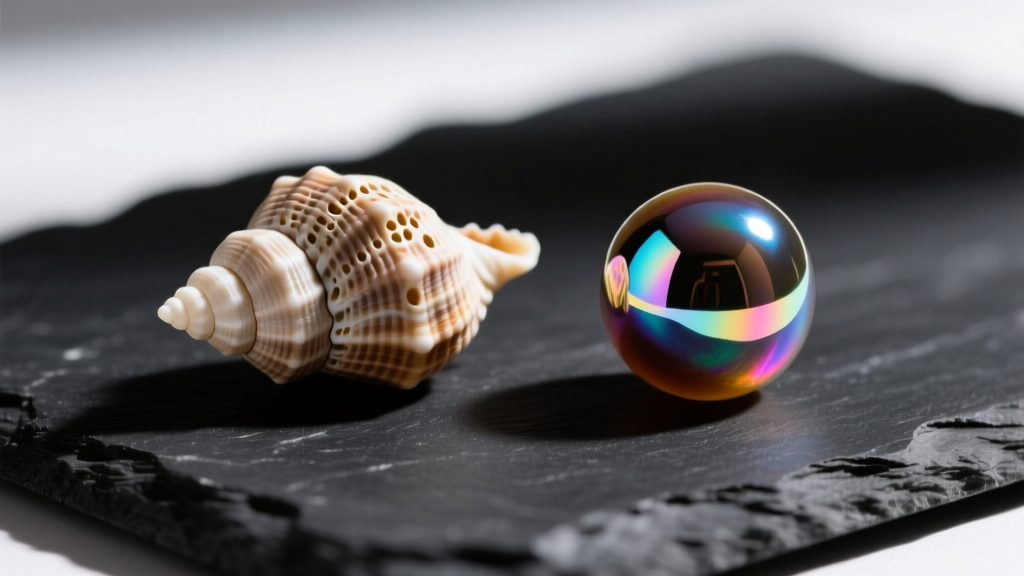 Macro shot of a real cowrie shell bead with porous ridges next to a smooth, glossy resin imitation bead on a dark slate surface.