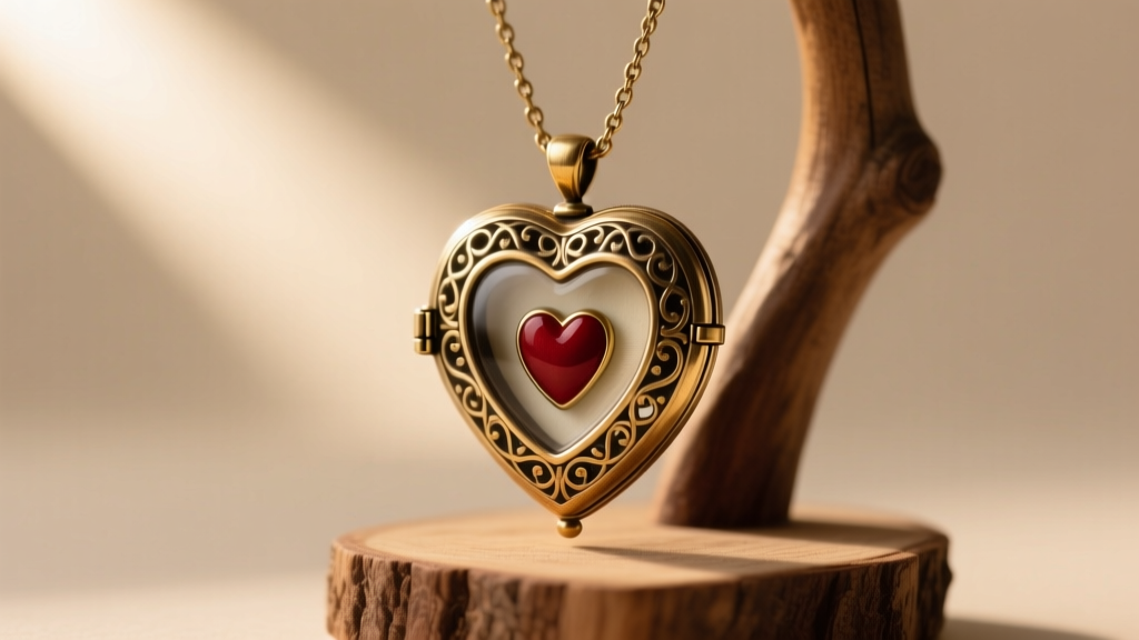A restored vintage Brighton heart locket necklace hanging on a wooden display stand, catching soft, warm, and directional lighting.