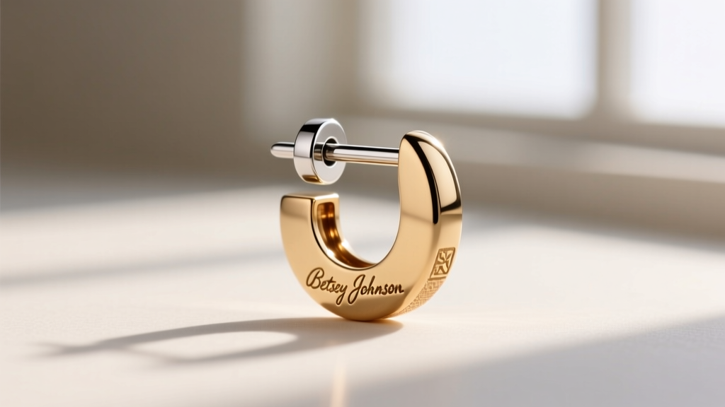 Close-up of a fashion jewelry earring post showing surgical steel pin and brass base with engraved Betsey Johnson hallmark stamp