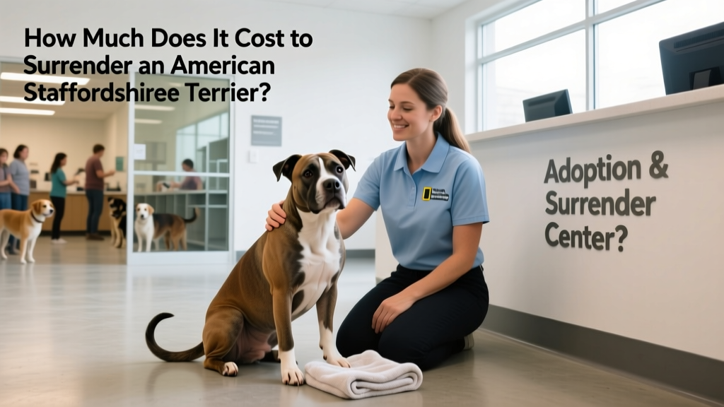 A calm American Staffordshire Terrier sitting beside a volunteer at a clean, well-lit shelter intake area