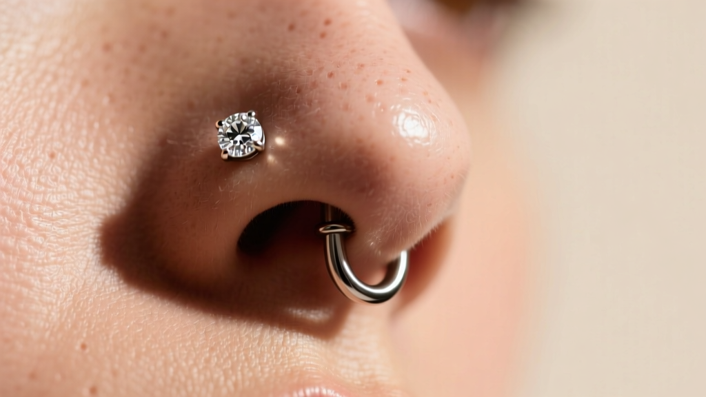 Close-up of a nostril piercing with an 18-gauge titanium flat back labret and a bezel-set diamond under soft light.