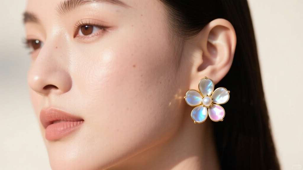 Close-up of model wearing 18k gold mother of pearl flower stud earrings, soft sunlight highlighting iridescent nacre against skin.
