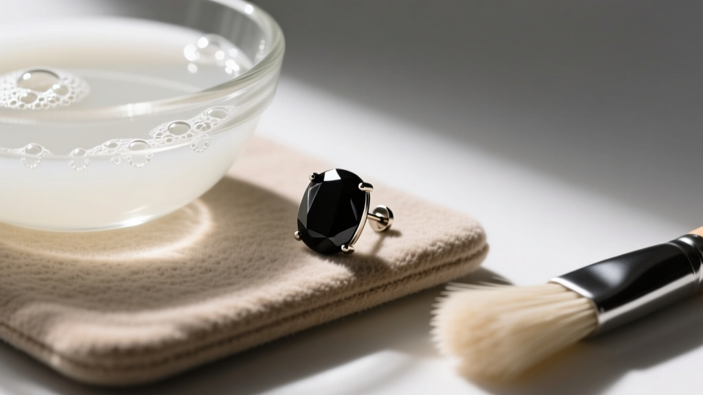 Close-up of a black onyx stud earring on a suede pad next to a glass bowl of mild soapy water and a soft-bristle brush.