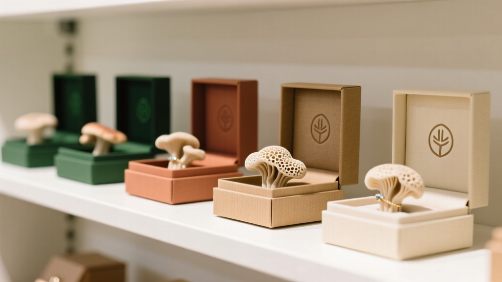 Sustainable jewelry boxes with kraft exteriors, mycelium inserts, and debossed logos on a bright, minimalist retail shelf