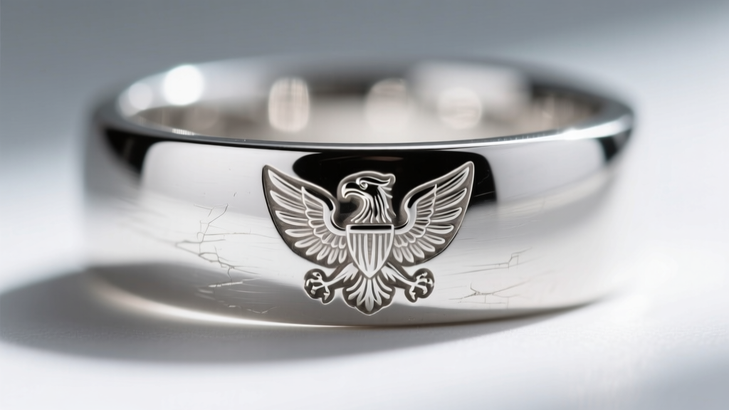 Extreme close-up of a vintage maker mark stamped inside a platinum ring shank showing crisp edges of a French eagle head hallmark.