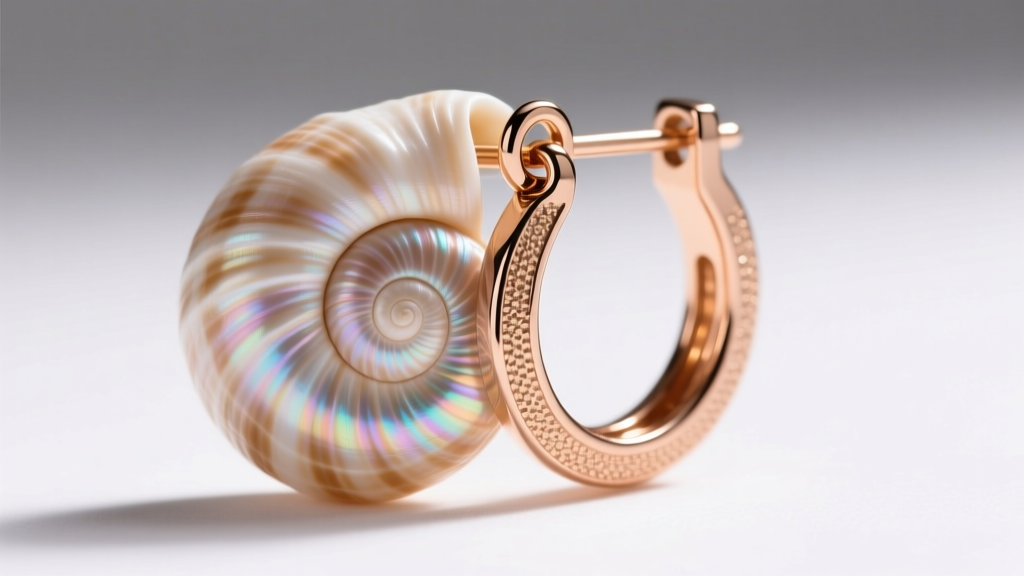 Side-profile of a hinged Flor de Maga drop earring in 14k rose gold showing micro-jump ring articulation and caracol shell.
