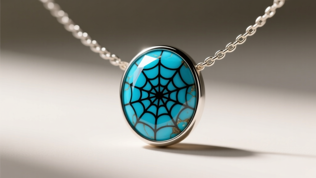 Macro view of stabilized Kingman turquoise with dark spiderweb matrix, set in a smooth bezel slide for a lariat necklace chain.