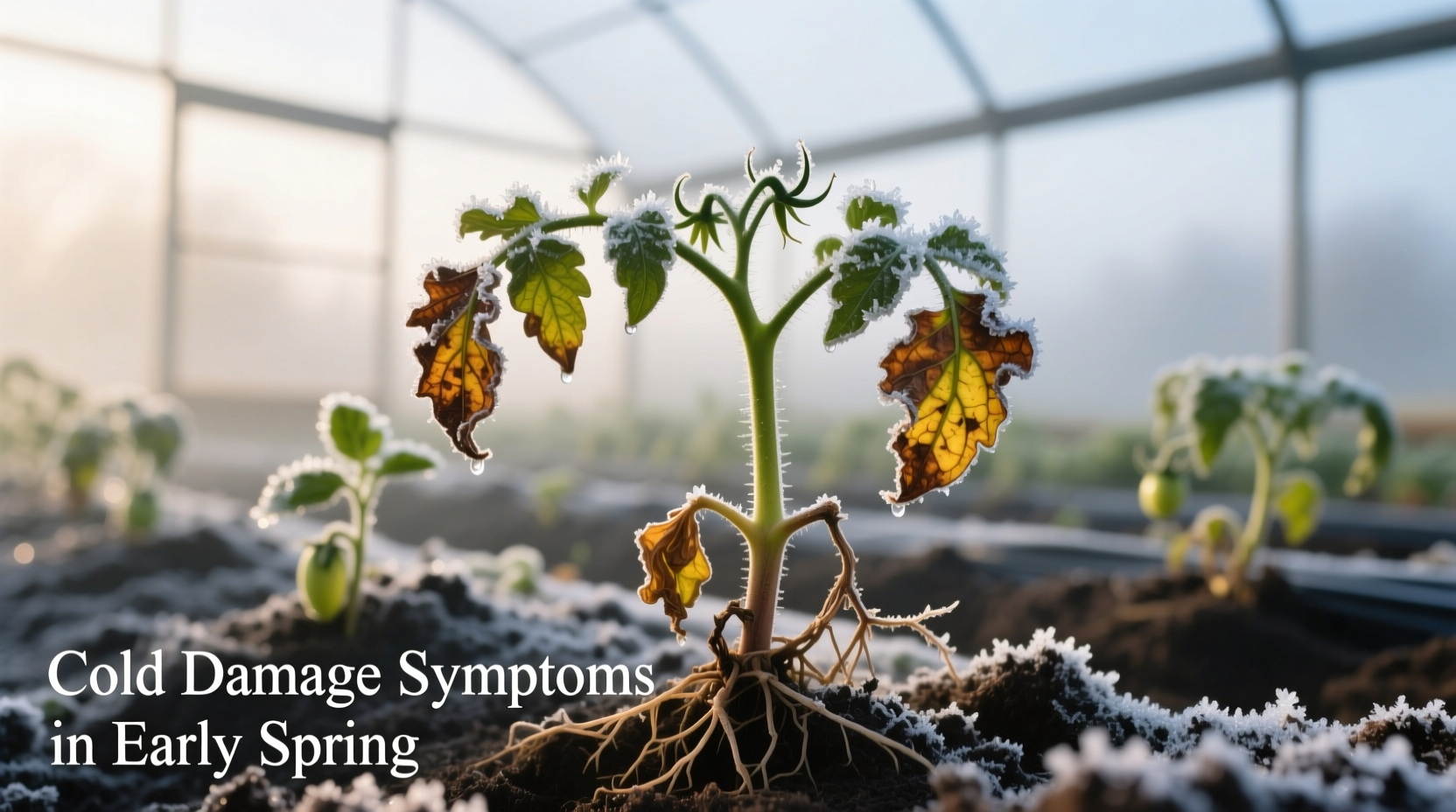 Tomato plants showing cold damage symptoms in early spring